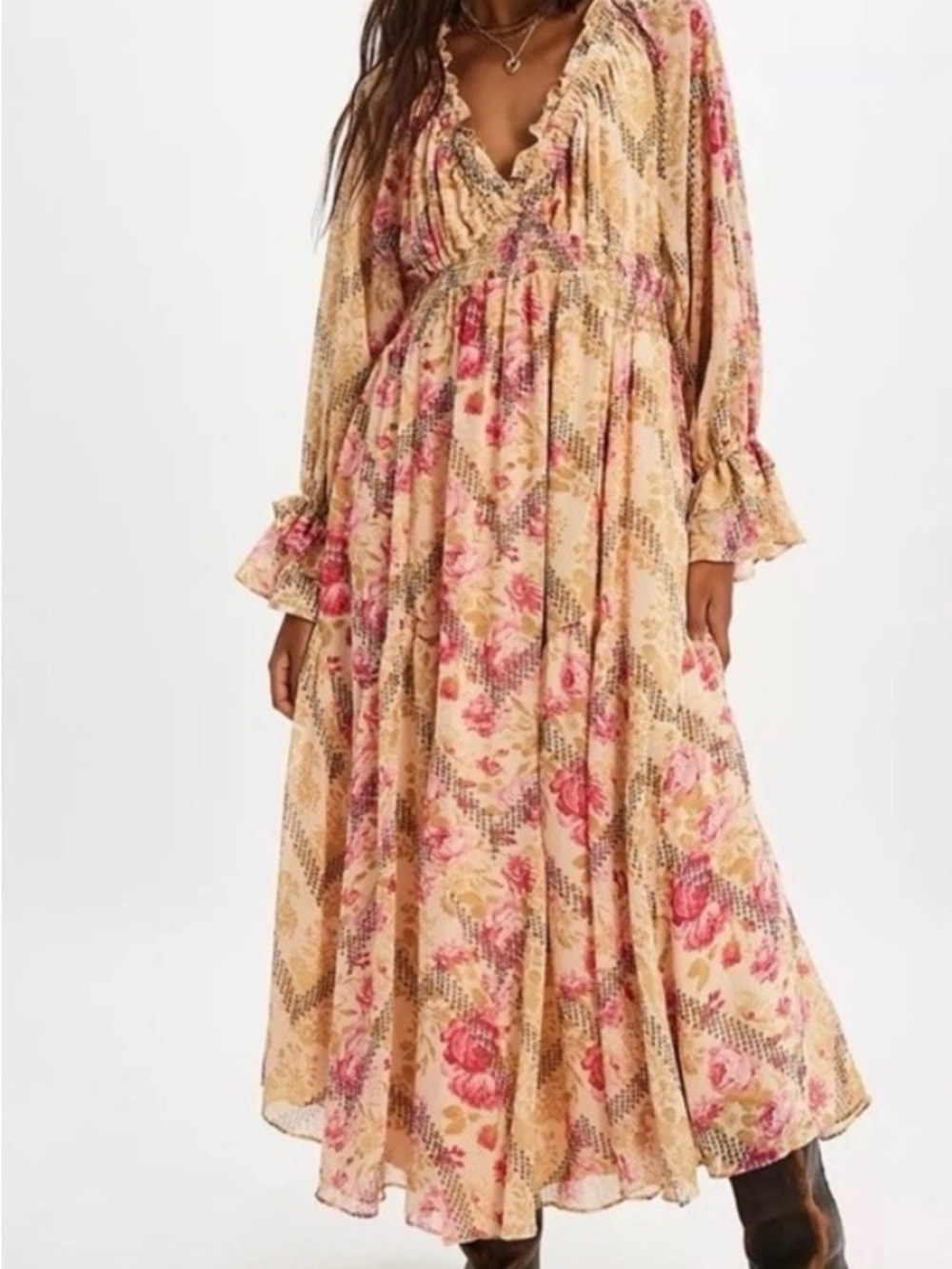 Free People Lena Boho Floral Maxi Dress in Beige and Pink